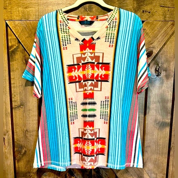 Fashion Express Vibrant Southwest Pattern V-Neck Top Sz L - Picture 16 of 16